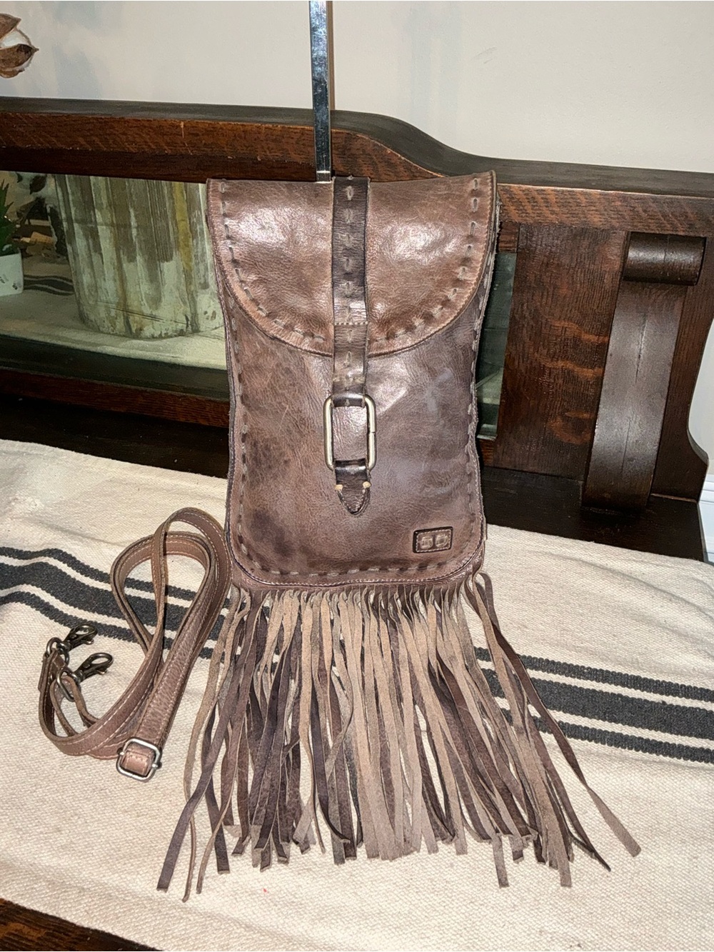 Bed Stu Fringe Sandy Lane Alkaline Grey DD Leather Crossbody Bag MSRP $185